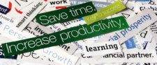 Pile of cut out words on a table with "Save time. Increase productivity." on top.