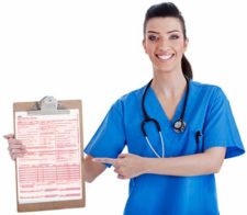 Nurse with insurance form in hand.